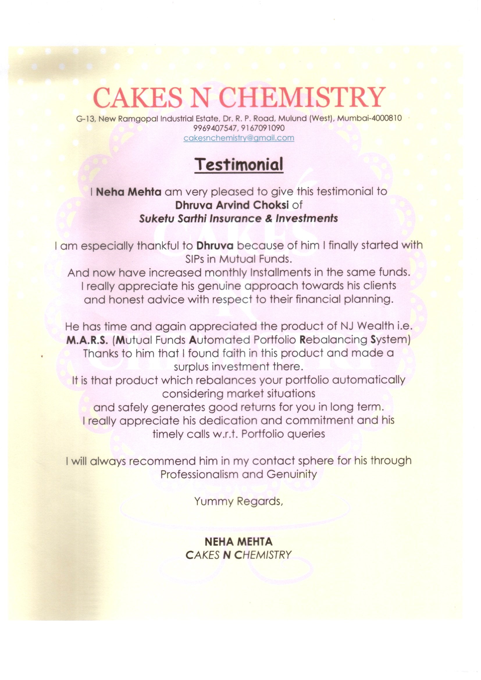 Testimonial letter from Neha Mehta, Cakes N Chemistry